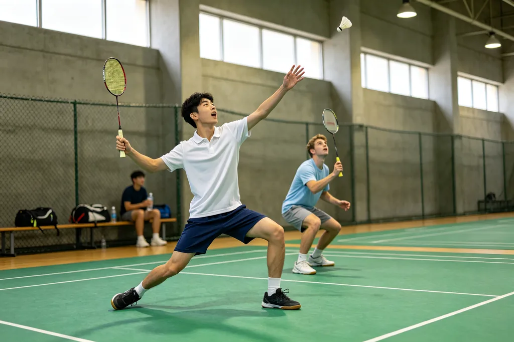 Students playing badminton together on an indoor university court