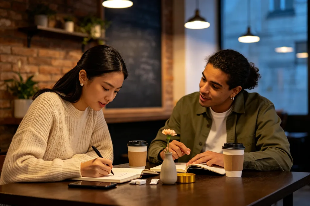 Two students doing a language exchange over coffee with notebooks