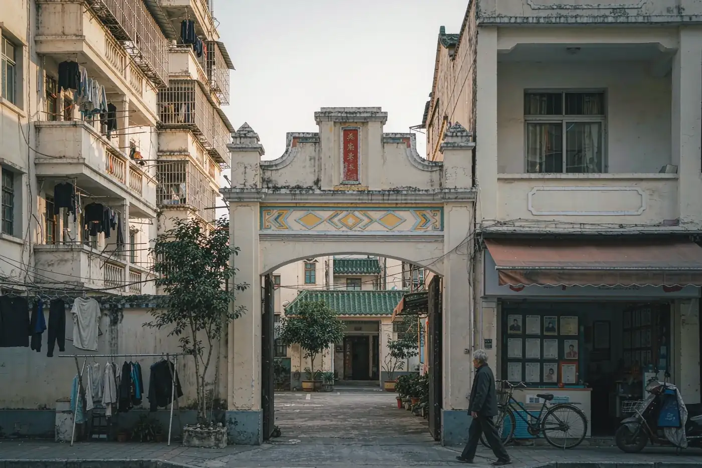 A residential compound entrance and a property agency shopfront in China