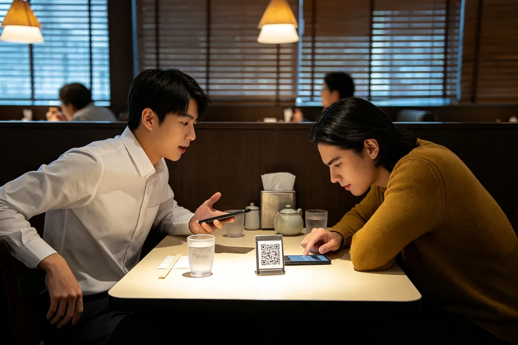 Two students scanning a table QR menu card in a small Chinese restaurant