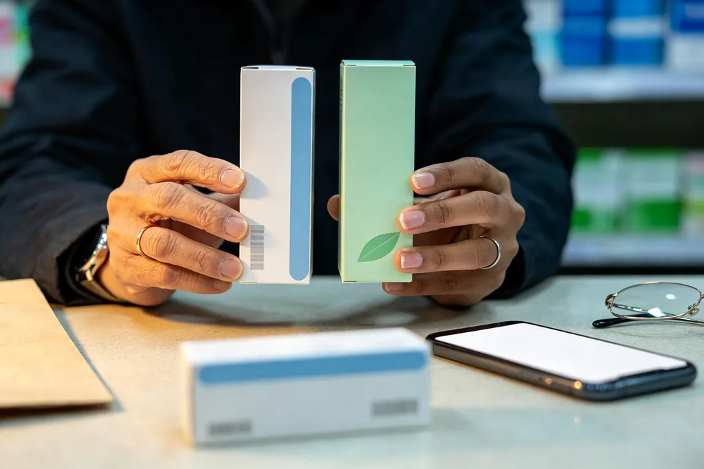 Close-up of hands comparing two medicine boxes in a pharmacy