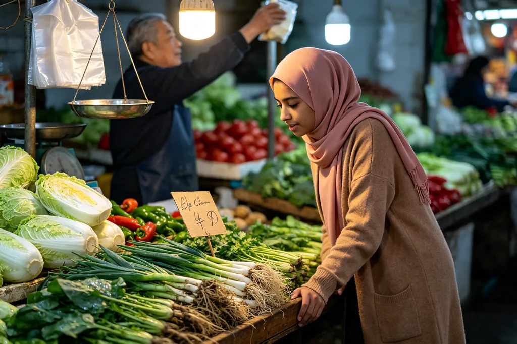 Student reading a handwritten price board at a Chinese market stall