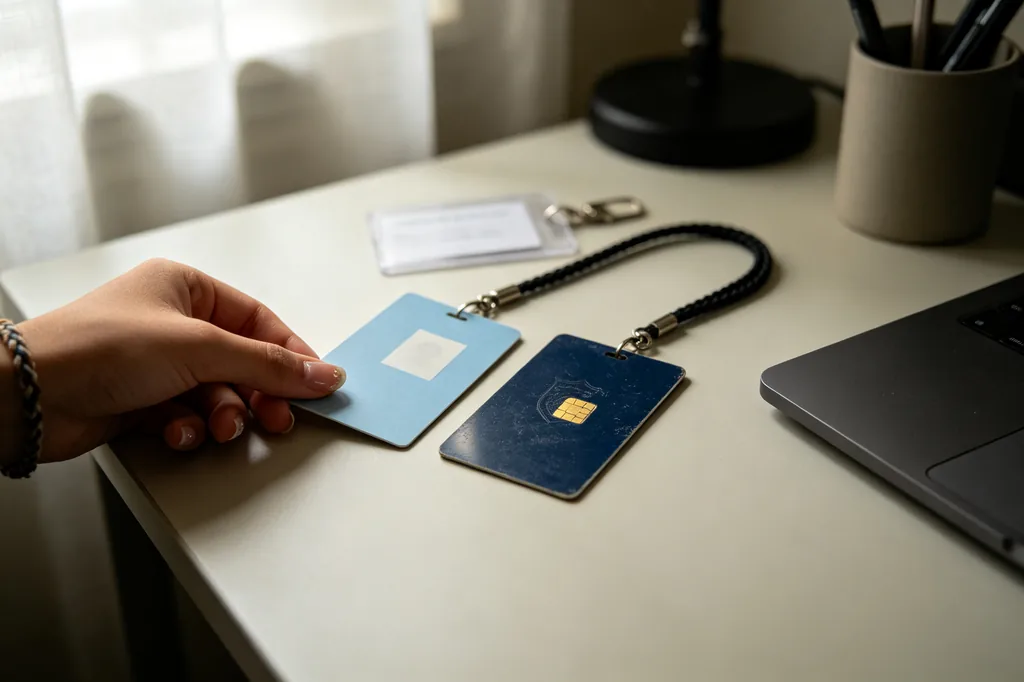 Student ID card and campus card laid out together on a dormitory desk