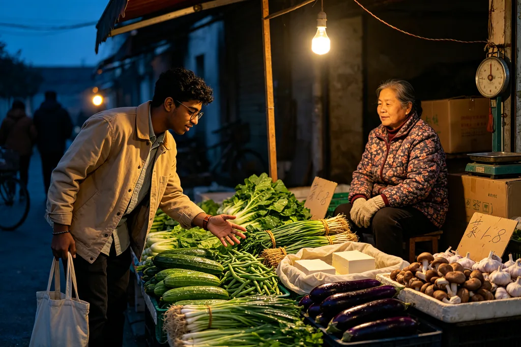 International student choosing greens at an outdoor market vegetable stall in China