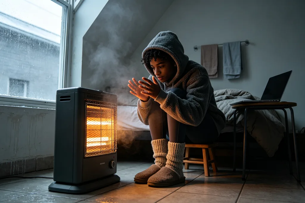 Student warming hands at a small heater in an unheated southern flat