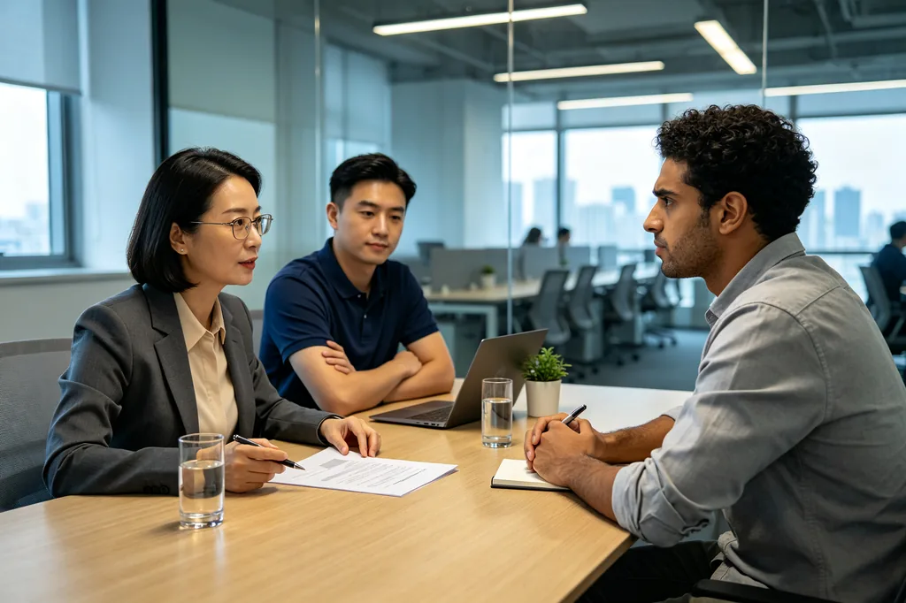 Graduate discussing a contract with HR staff across an office desk