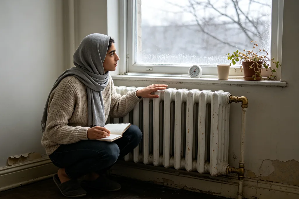 Student checking a radiator and window seal in a rental flat