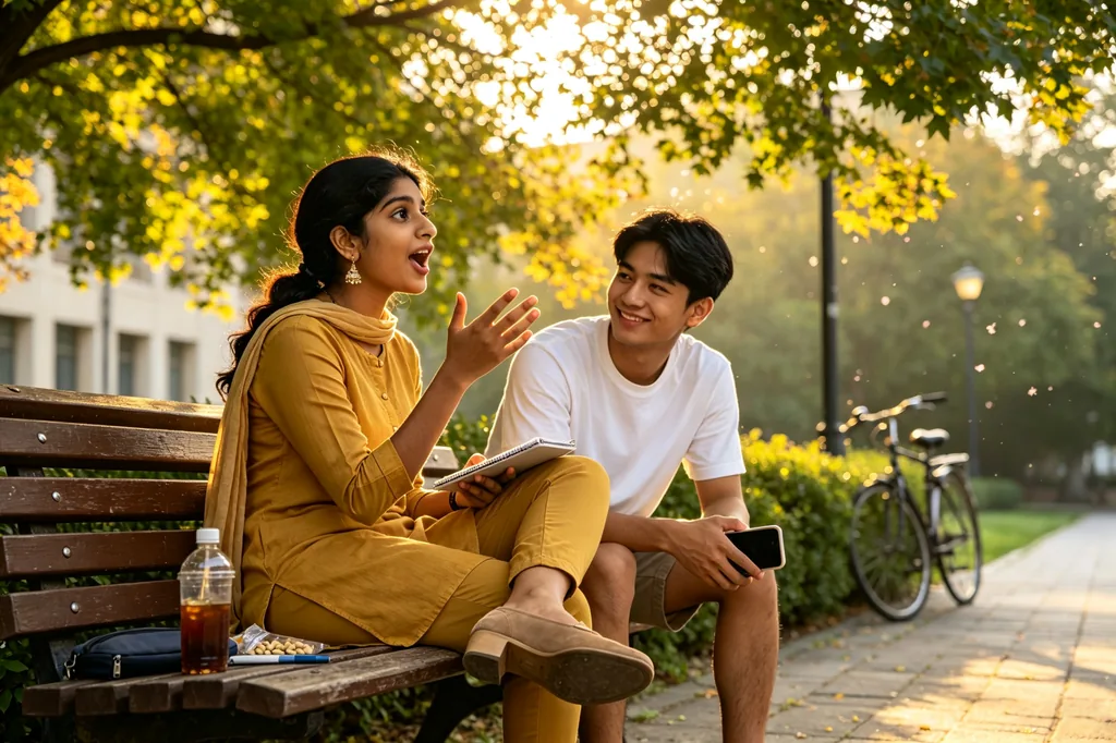 Two students practising spoken Chinese together on a park bench