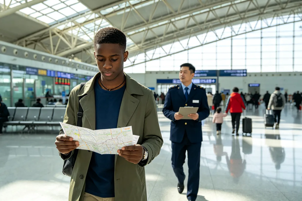 Student checking a paper map and ticket in a railway station departure hall