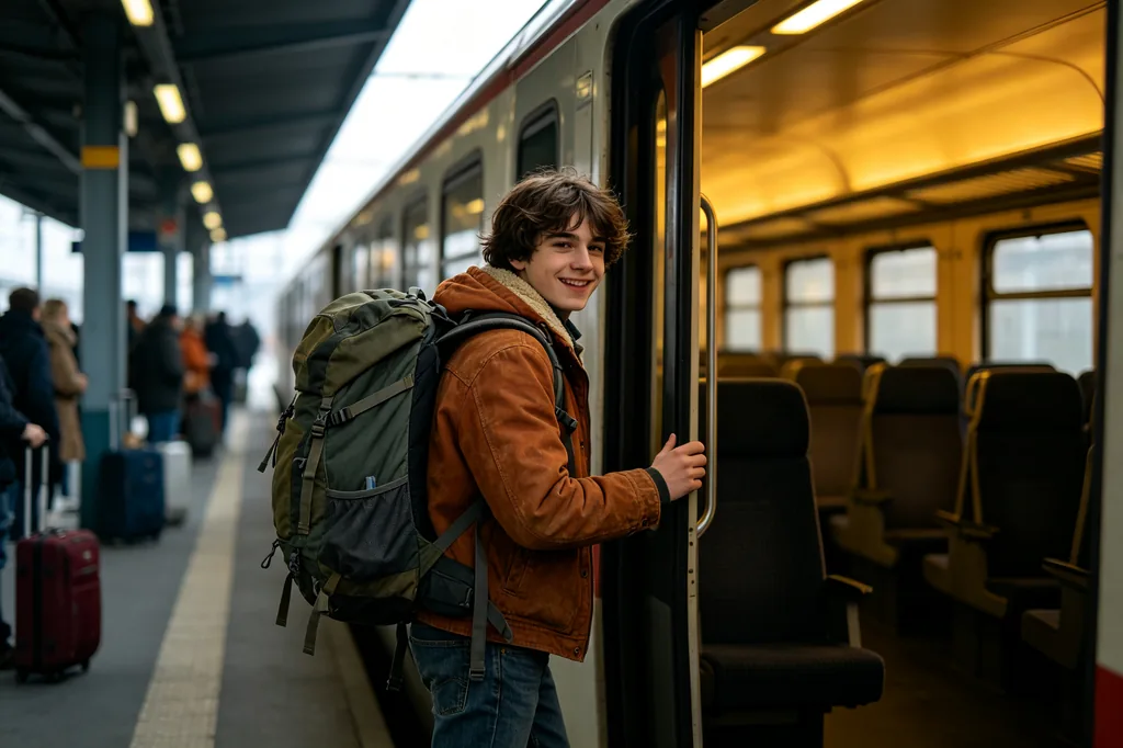 A student with a backpack boarding a train