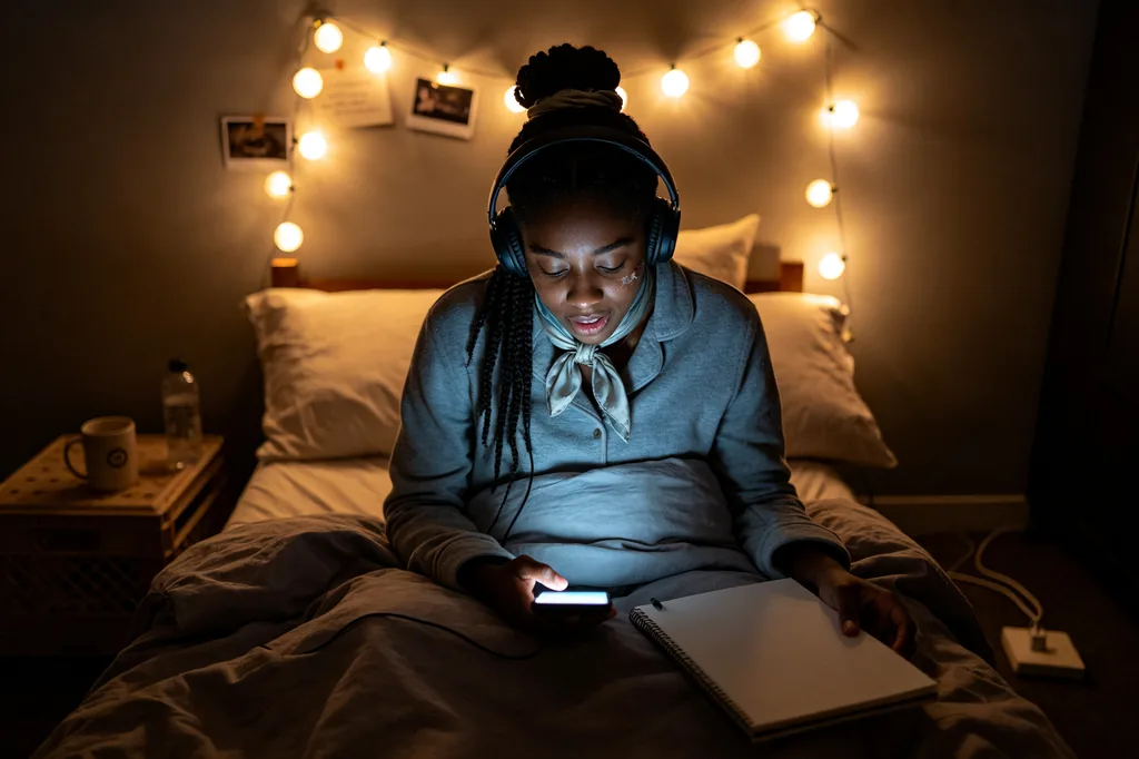 Student listening to Chinese audio flashcards with headphones late at night