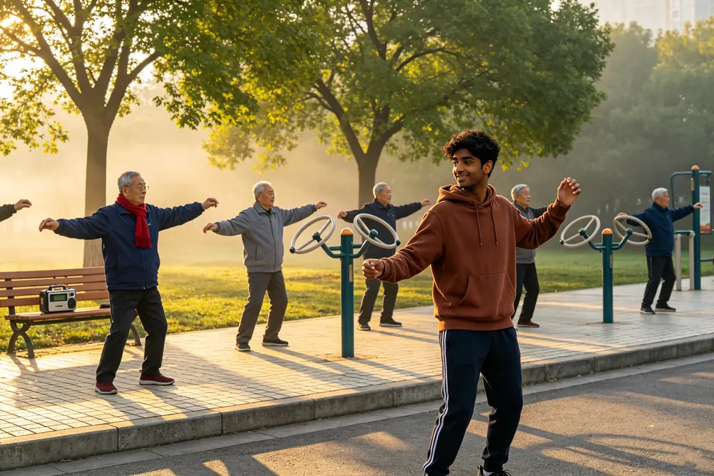 Morning outdoor exercise group in a Chinese city park