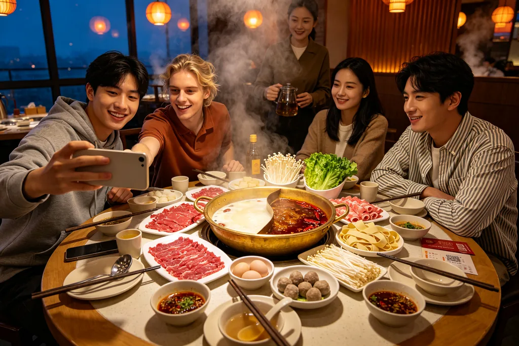 Mixed group at a hotpot dinner adding each other on WeChat after the meal