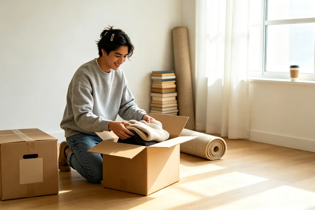 A young person unpacking moving boxes in a bright empty flat