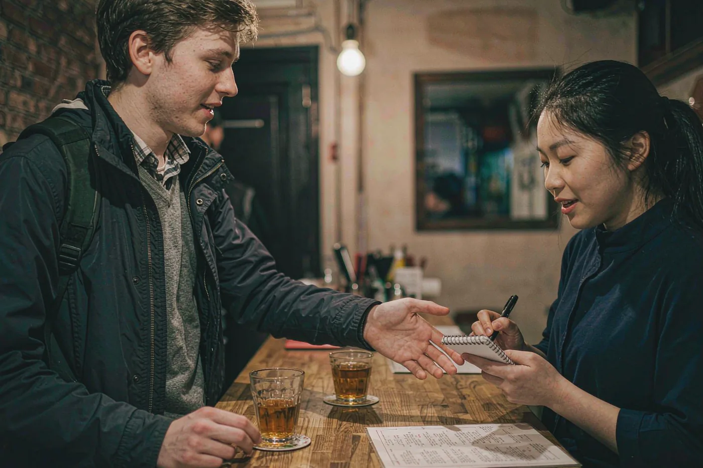 A foreign student ordering food from a waitress in a small Chinese restaurant