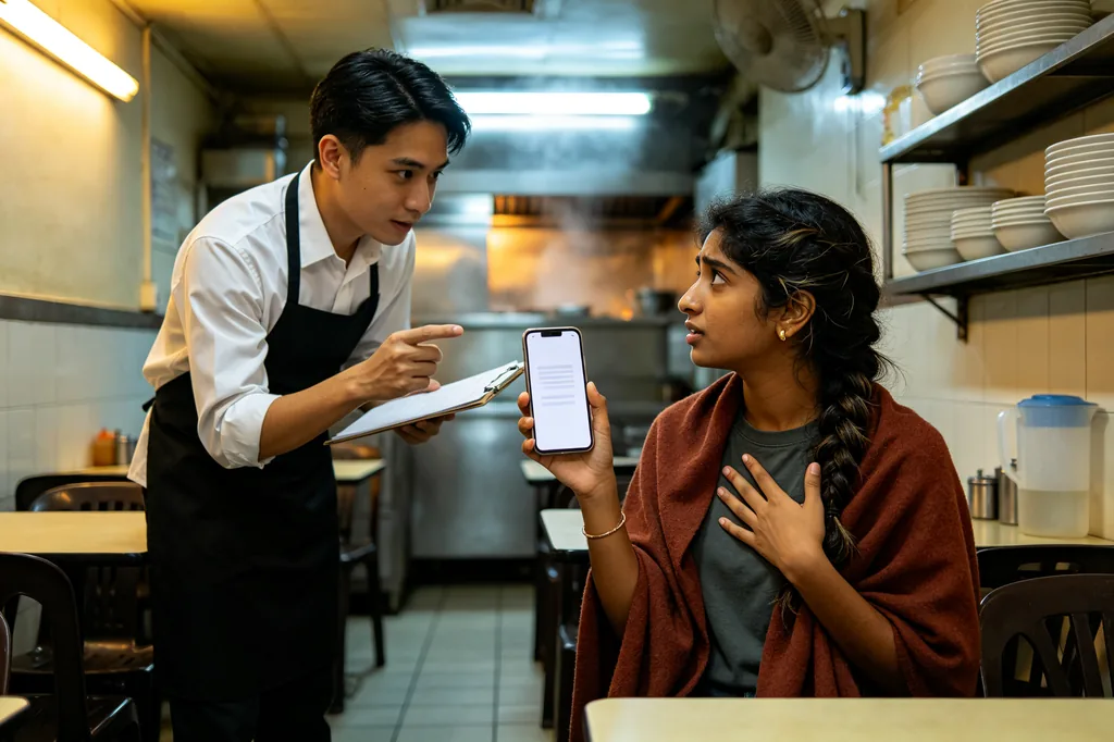 Student showing a note on their phone to a waiter in a restaurant
