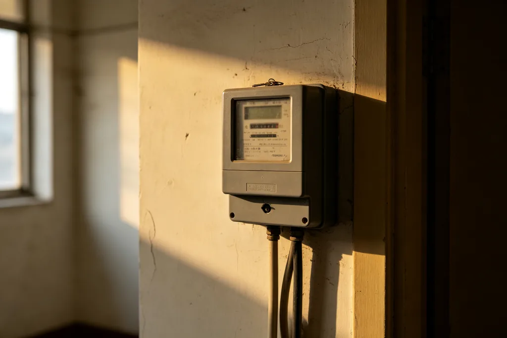 A residential electricity meter box on a wall, digits blurred