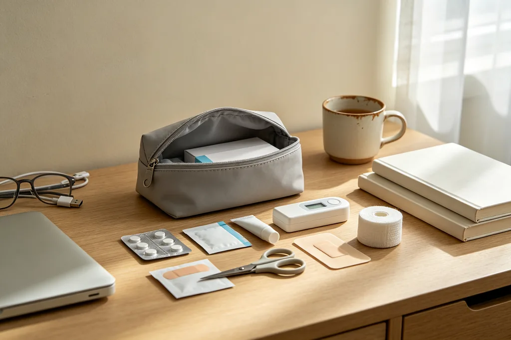 A small home medicine kit laid out on a dormitory desk