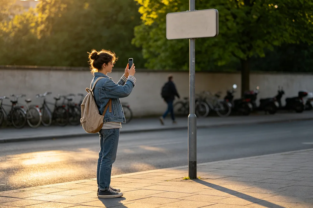 Student photographing a street sign to practise reading Chinese later