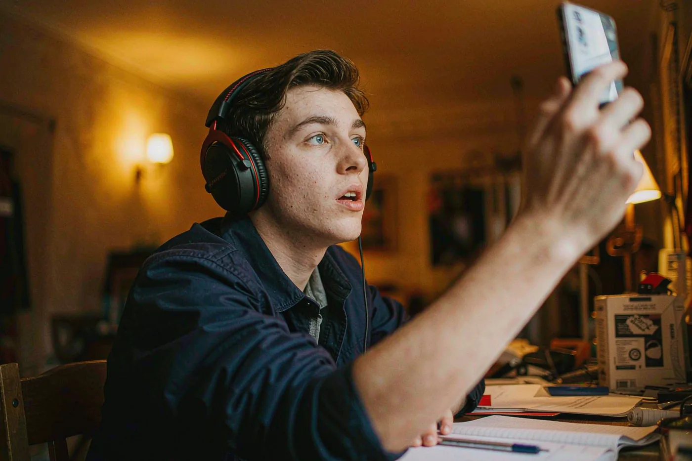 A student practising Chinese pronunciation with headphones and a phone