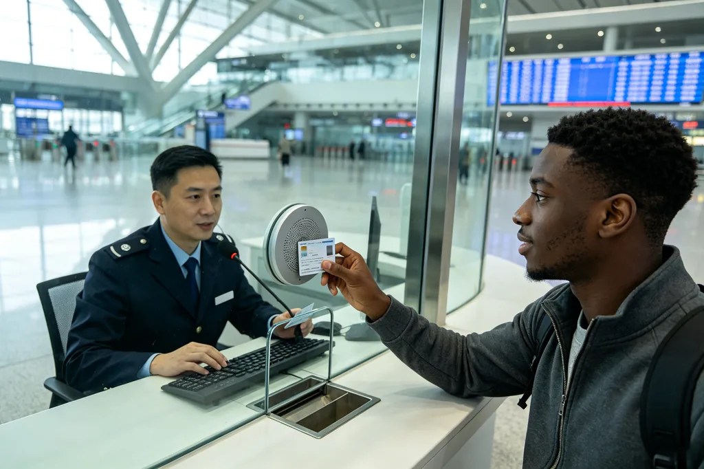 Student presenting a student ID card at a Chinese railway station ticket counter