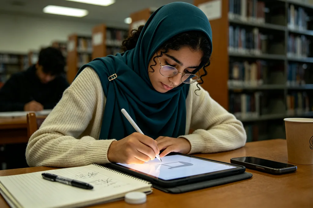 Student drawing a Chinese character on a tablet handwriting pad with a stylus