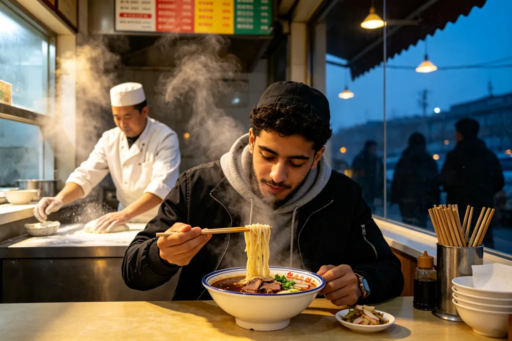 Student eating beef noodle soup by the window of a Lanzhou halal noodle shop