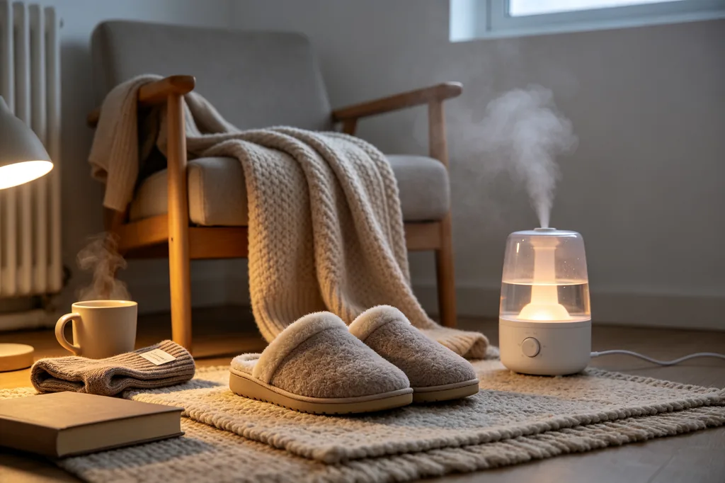 Winter clothes, slippers and a humidifier laid out in a student room