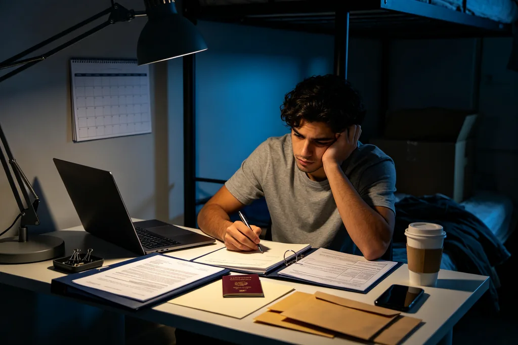 Graduate organising documents late at night at a dormitory desk