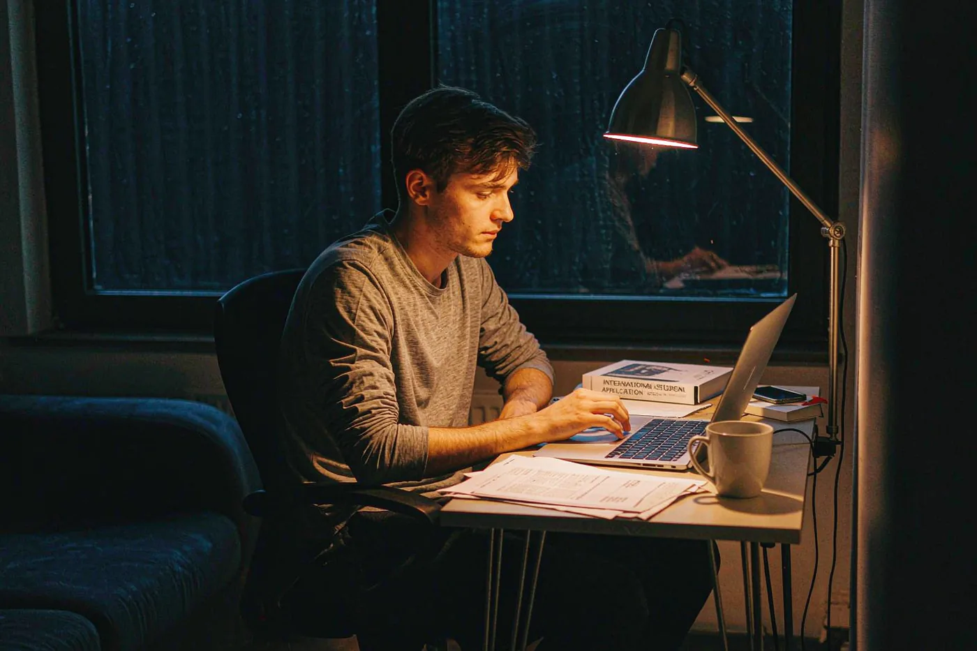 A student writing a scholarship application essay at a desk lamp in the evening