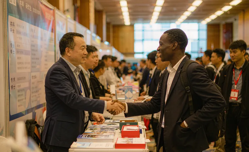 International student shaking hands with company recruiter at Chinese university career fair