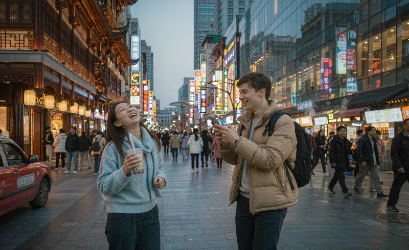 International students exploring a vibrant Chinese city street