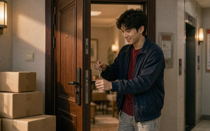 Student opening the door of a new apartment in China with keys