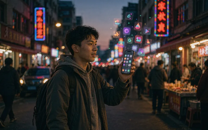 Essential Chinese apps on a smartphone held on a city street at dusk