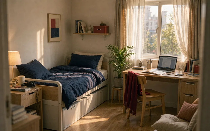 Bright modern student dormitory room in China with a desk by the window