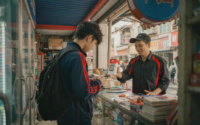 International student paying with a smartphone QR code at a shop in China