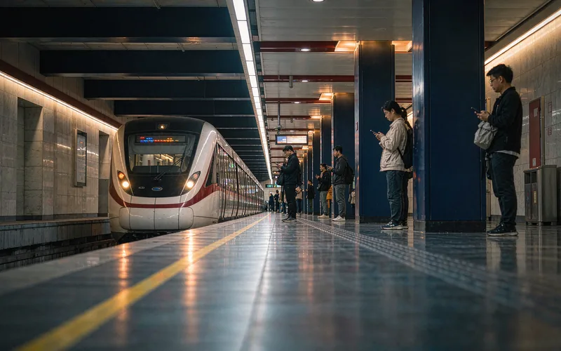 Metro train arriving at a modern subway platform in a Chinese city