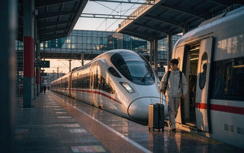 International student with a suitcase boarding a Chinese high-speed train