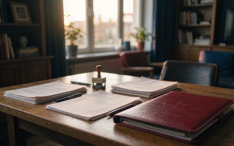 Student visa documents and a red folder on a desk for a China visa application